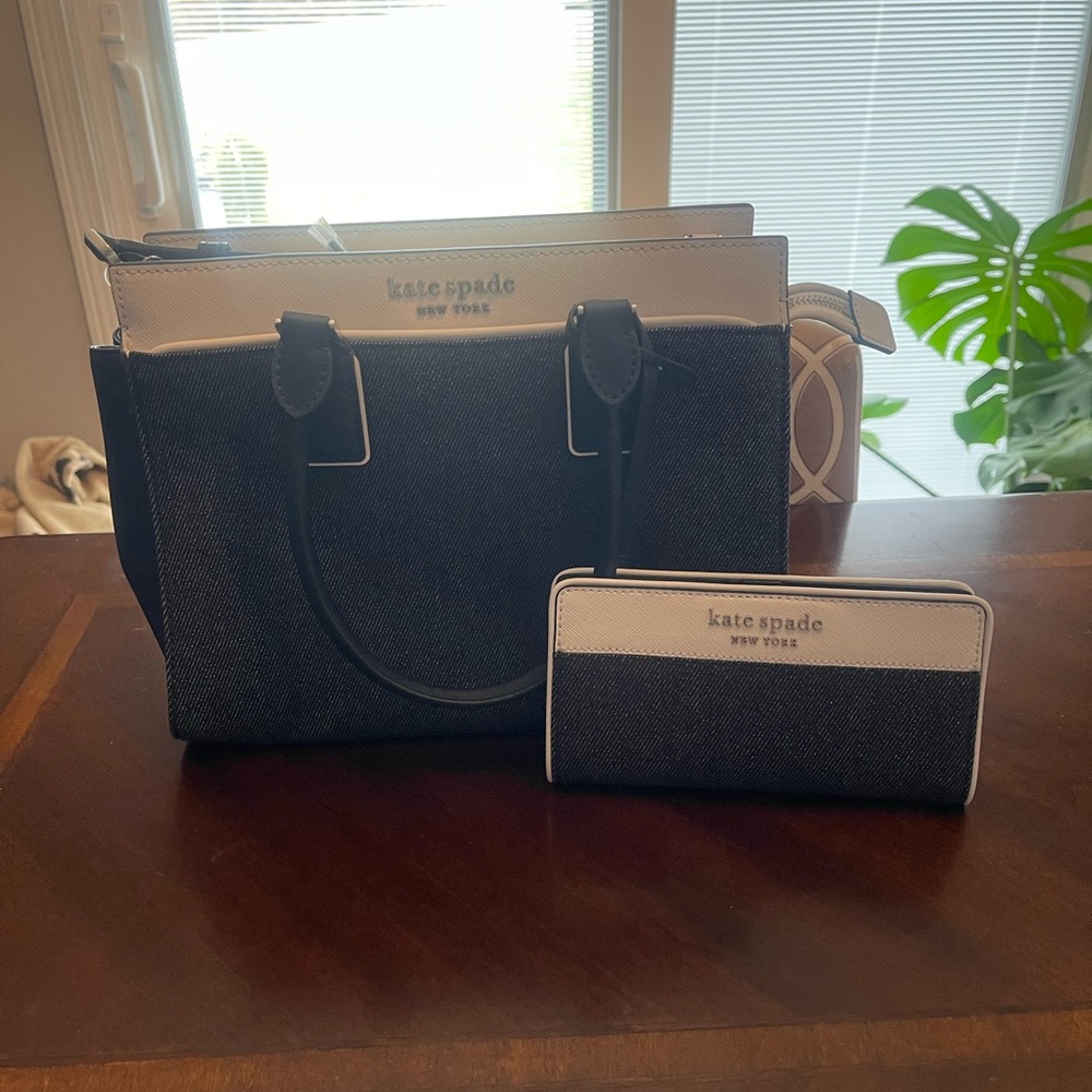 NWT Kate Spade Cameron Medium satchel denim bag and wallet
